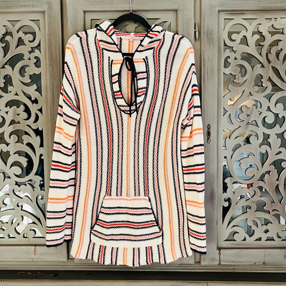 Calypso St. Barth 100% cashmere cream blue orange hooded long sweater M